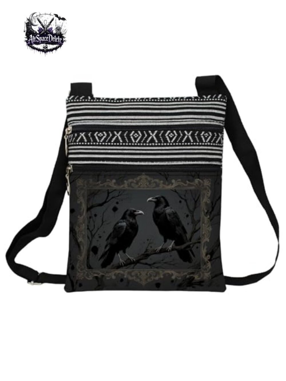 Ethnic Gothic Crow Pattern Crossbody Bag Adjustable Strap Zipper Closure